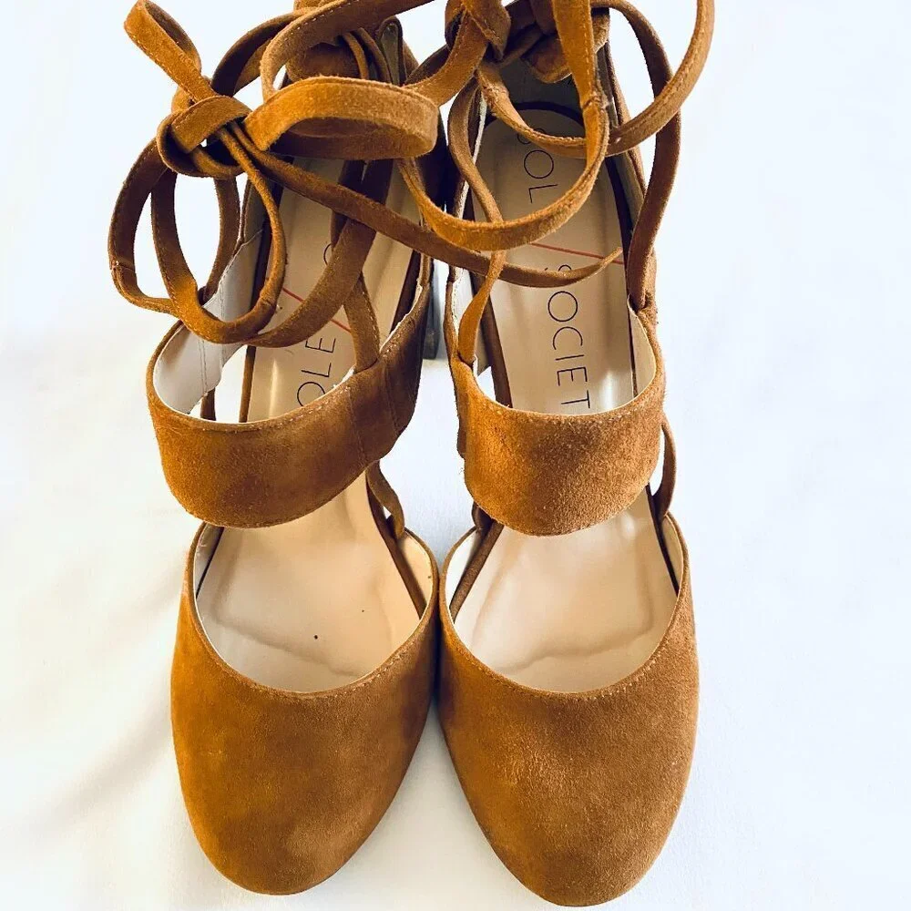 Sole Society Isabelli suede wrap tie block heel Womens Size 8 Cognac brown - Picture 3 of 6